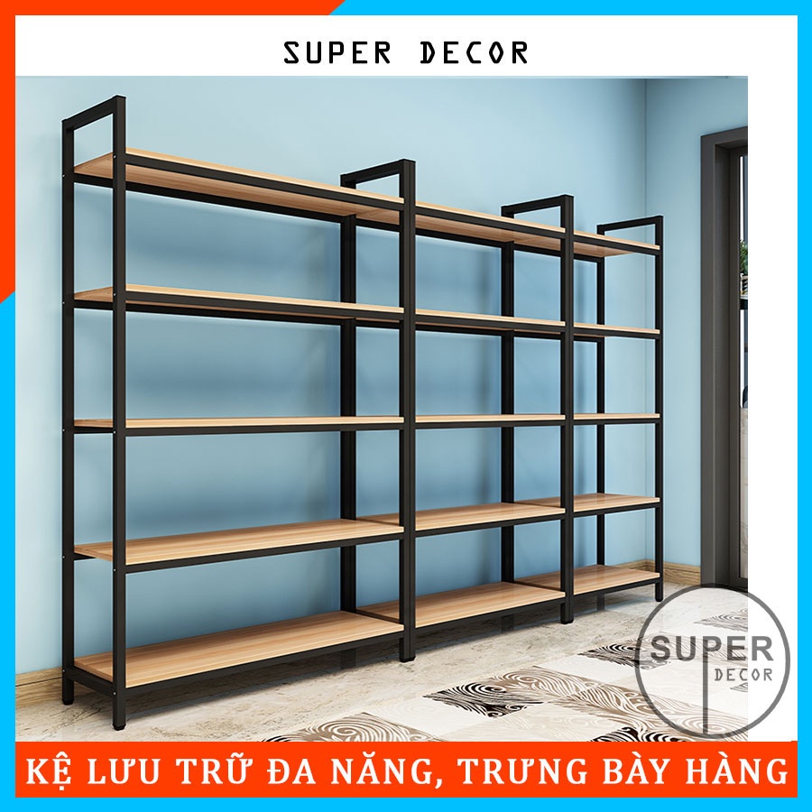 Kệ để đồ khung thép mặt gỗ MDF, kệ sắt siêu thị, để hàng hóa, trang trí nhà của, tháo lắp dễ dàng, SUPER Decor