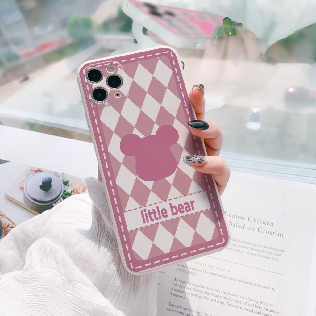 Ốp lưng iphone Bear Hồng cạnh vuông ốp iphone6/6plus/6s/6splus/7/7plus/8/8plus/x/xr/xs/11/12/13/pro/max/plus/promax e203