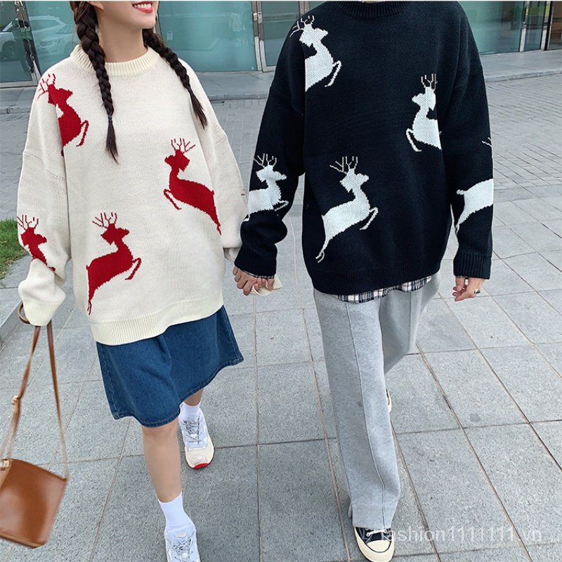 Áo Sweater Dệt Kim Chui Đầu Cổ Tròn Dáng Rộng In Hình Tuần Lộc Giáng Sinh Thời Trang Mùa Đông Cho Cặp Đôi (M-2Xl)