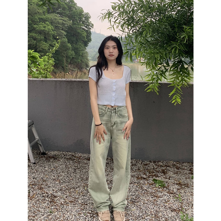 Quần jean dài ống rộng lưng cao màu xanh lá nhạt size lớn phong cách Mỹ thời trang cho nữ