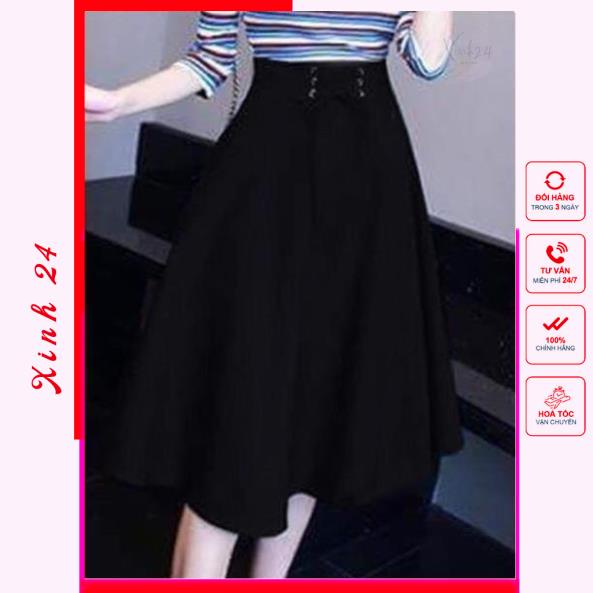 Chân váy xòe vintage nút trước thiết kế kiểu dáng tiểu thư form chuẩn | BigBuy360 - bigbuy360.vn