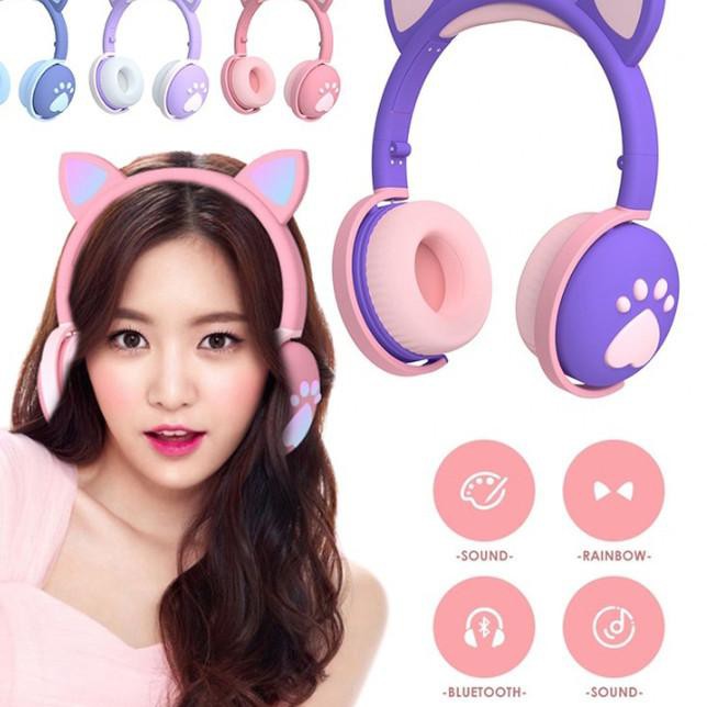 Tai Nghe Bluetooth 5.0 Không Dây Có Mic Hình Tai Mèo Màu Hồng Cho Bé