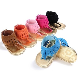 Giày sandal xỏ ngón trang trí tua rua da PU dễ thương cho bé gái