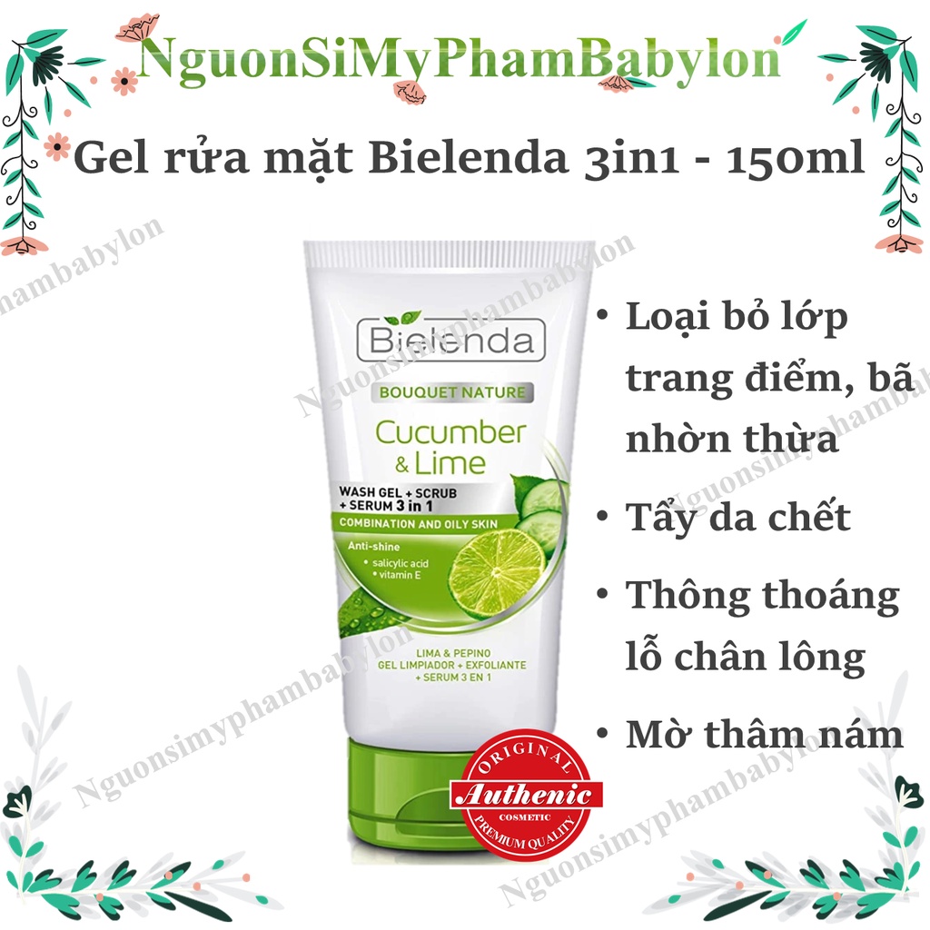 Gel Bielenda 3in1 dưa leo &amp; chanh (rửa mặt + tẩy da chết + serum) sạch sáng mịn da