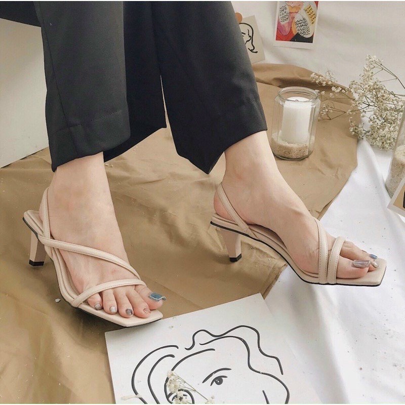 Sandal quai mảnh vát chéo gót mỏng thấp - 7P