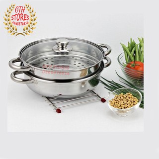 Nồi hấp inox 2 Tầng nắp kính  - 3 Tầng tiện lợi 2 vỉ hấp, Bằng Thép Không Gỉ - GTH MART