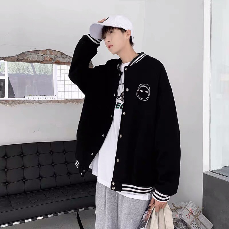 Áo Bomber Cardigan Nỉ Bông Bấm Cúc In Mặt Cười Form Rộng Unisex Nam Nữ Mặc Couple Ulzzang