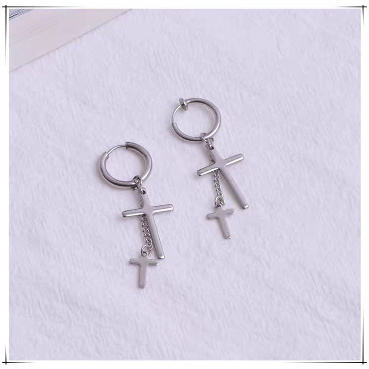 Khuyên tai titan unisex thánh giá 2 tầng không gỉ có loại kẹp không xỏ lỗ