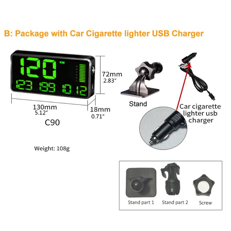 SUN C90 Car HUD Head Up Display GPS Speedometer Speed Display KM/H MPH For Car Bike Motorcycle GPS Overspeed Alarm