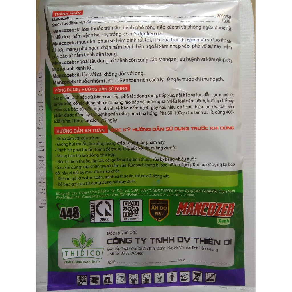 Sản phẩm trừ nấm bệnh TVZEB 800WP có chứa MANCOZEB Xanh - gói 100 gram
