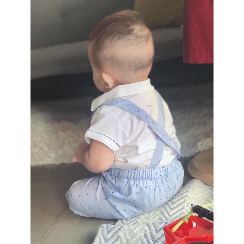 Set quần yếm xanh, áo trắng Happyland