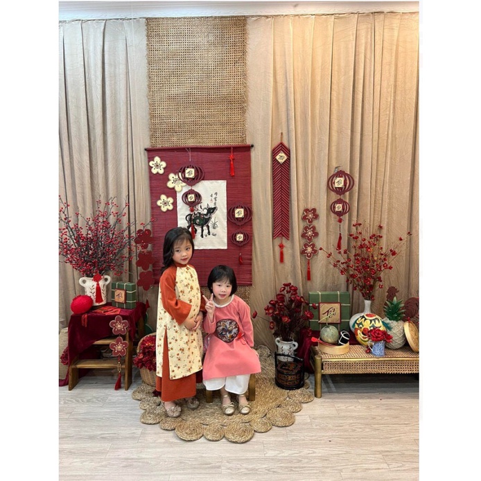 Set Áo Dài Cách Tân Cho Bé Trai Bé Gái Họa Tiết Hoa Nhí Màu Cam Đất Size Từ 8-28kg