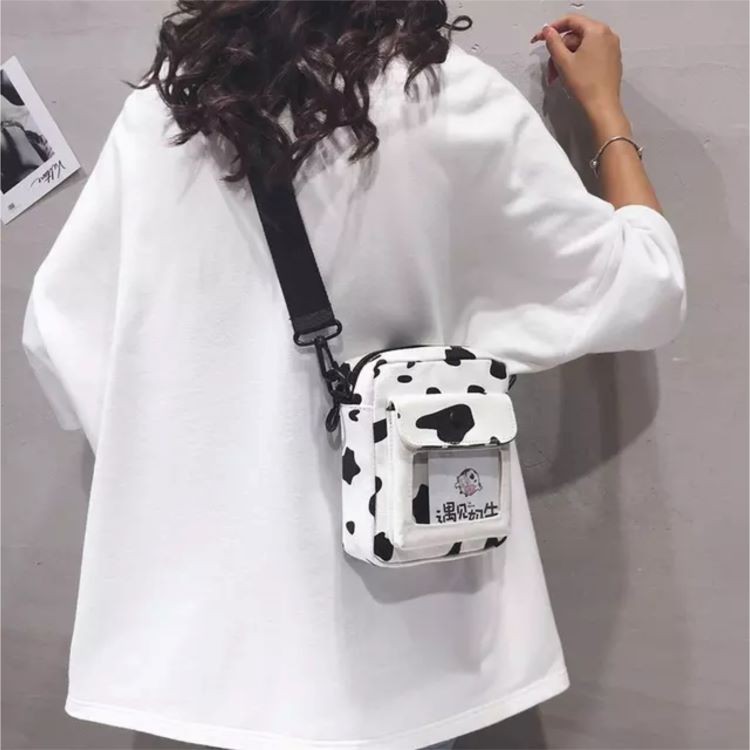 Túi đeo chéo vải canvas phong cách Hàn Quốc in hoạ tiết bò sữa cao cấp