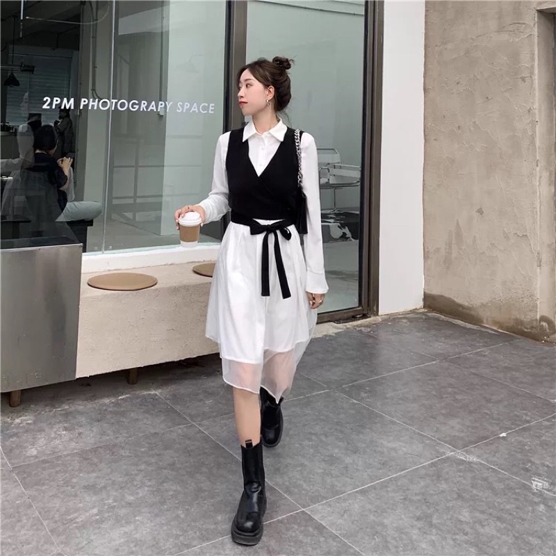 Set Váy Sơmi Trắng Tay Dài + Gile Đen Cột Dây Cá Tính