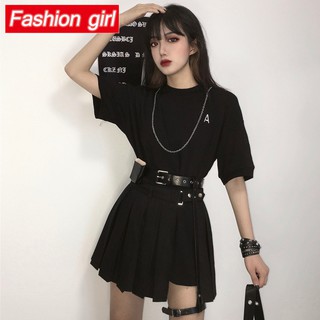 Set Áo Thun Đen Tay Lỡ Phối Chân Váy Lưng Cao Xẻ Tà Thời Trang Mùa Hè Cho Nữ