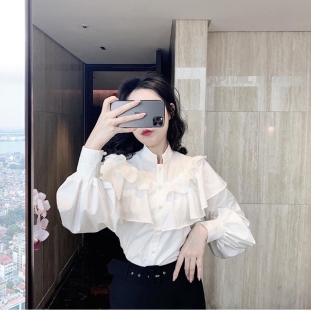 Áo Sơ Mi Nút Ngọc Bèo Tầng Cổ Trụ