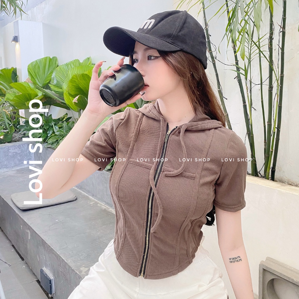 LOVI SHOP- Áo khoác croptop tay ngắn chất thun gân tăm mềm có nón nhiều màu