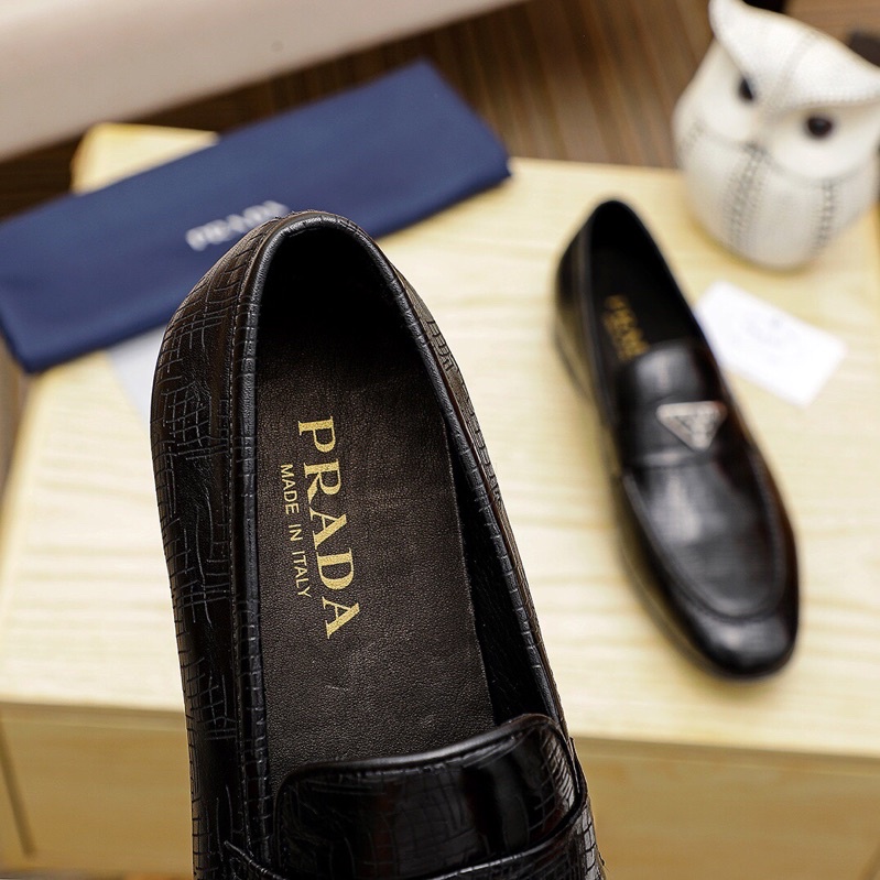Giày tây lười công sở da thật logo thương hiệu Prada cao cấp cho nam