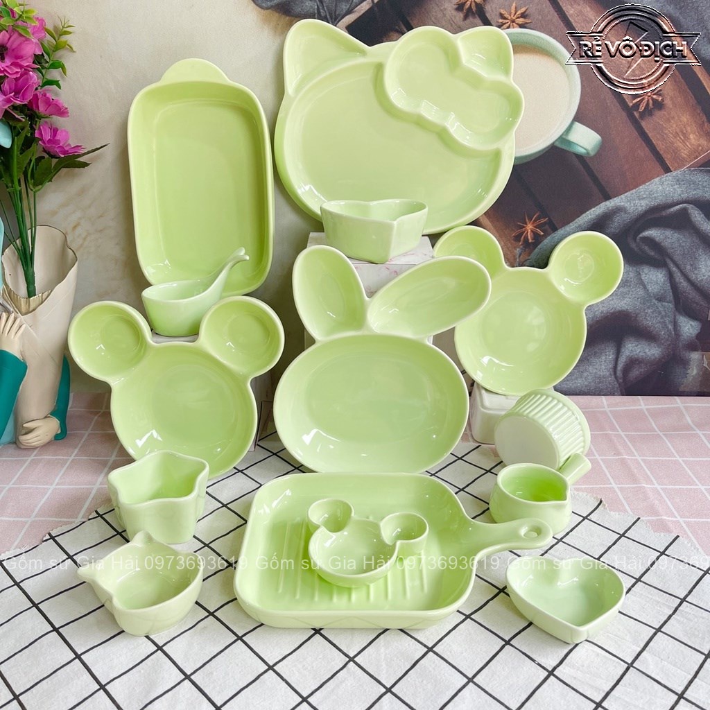 Bát Ăn Cơm Bát Chè Đĩa Sứ Chén Dĩa Sứ Dễ Thương Cute Decor Cao Cấp sét 14 món màu xanh