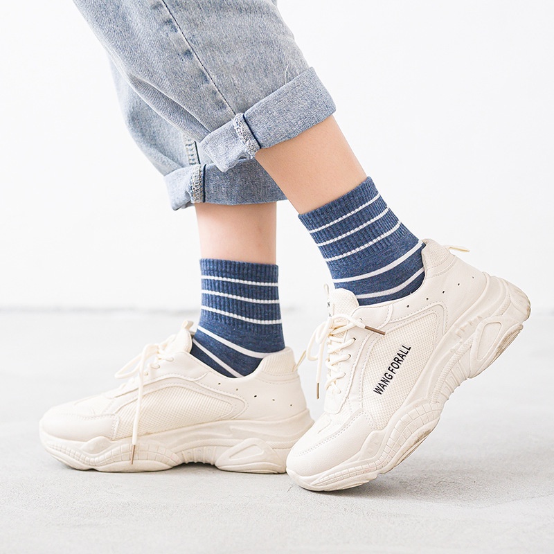 WAFNHA D55 Vớ Cotton Mỏng Cổ Vừa Kẻ Sọc Thời Trang Cho Nữ