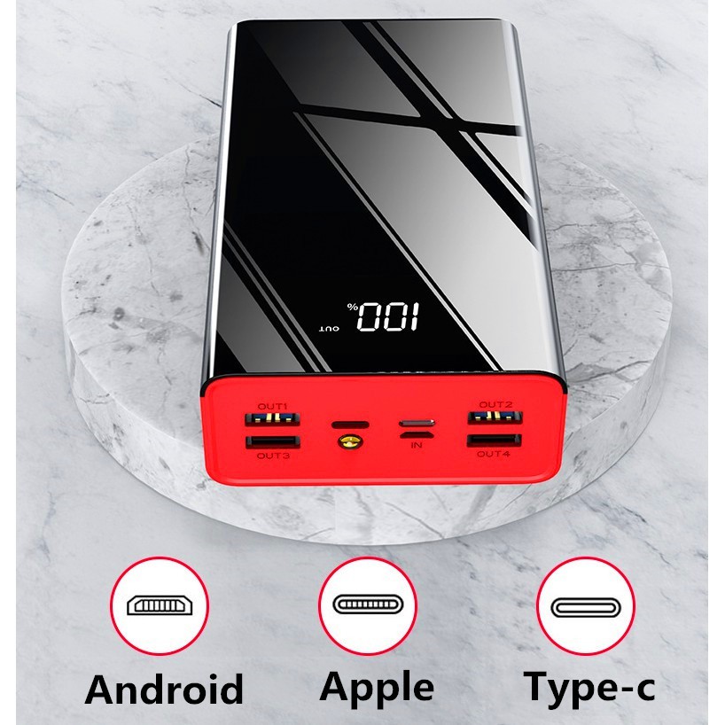 Sạc dự phòng Powerbank 100000mAh Gương dung lượng lớn Màn hình kỹ thuật số Power Bank Đèn LED 4 đầu ra 3 đầu vào Pin ngoài