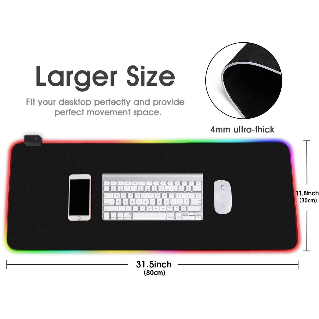 RGB gaming mouse pads, large mouse pads, 12 types of lighting effects, waterproof and smooth surface, non-slip rubber base,