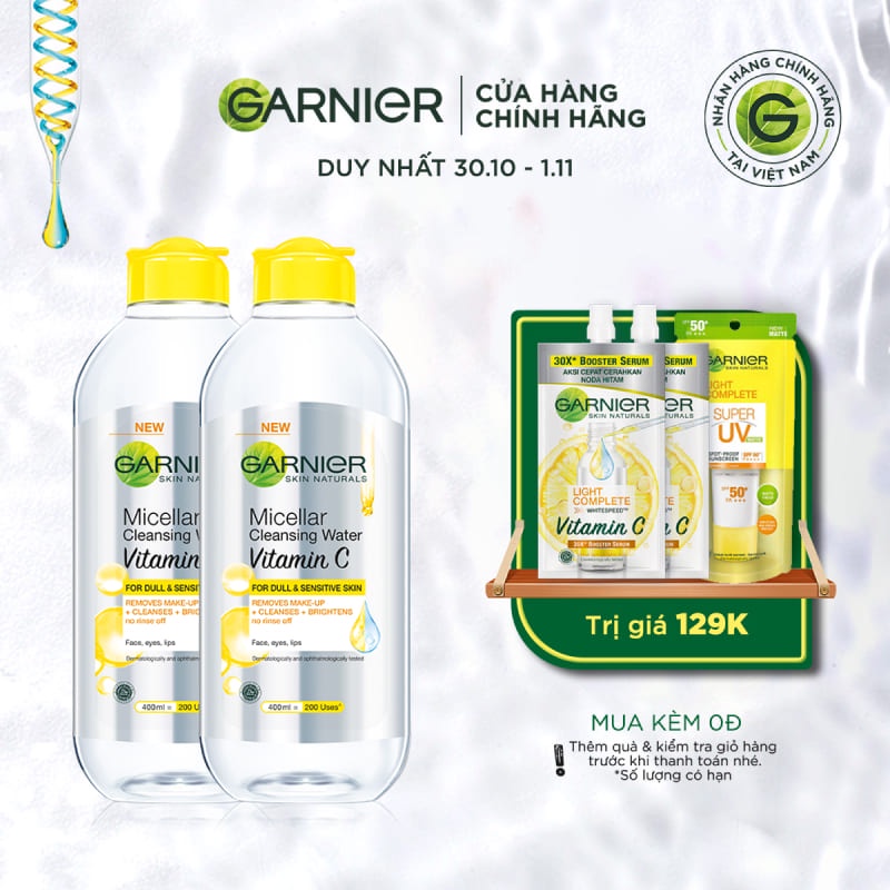Bộ đôi nước làm sạch và tẩy trang dưỡng sáng da Garnier Micellar Water Vitamin C 400ml