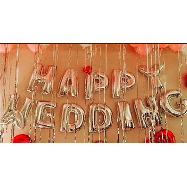 Bóng chữ Happy Wedding màu vàng/bạc/đỏ/hồng Đẹp