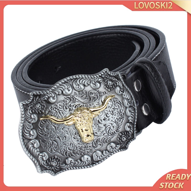 Mens Western Cowboy Leather Belt Waistband Arabesque Cow Head Buckle Black
