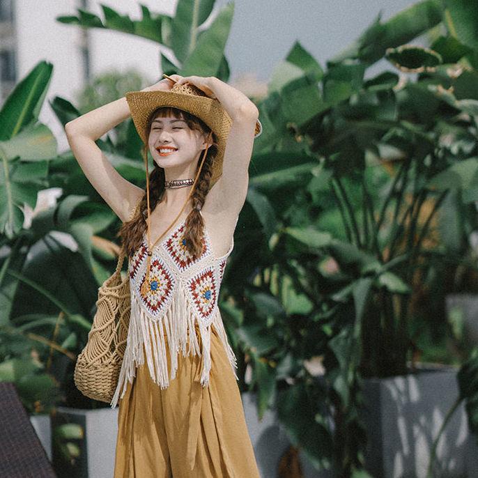 Áo Dệt Kim Sát Nách Phối Tua Rua Phong Cách Bohemian Dành Cho Nữ