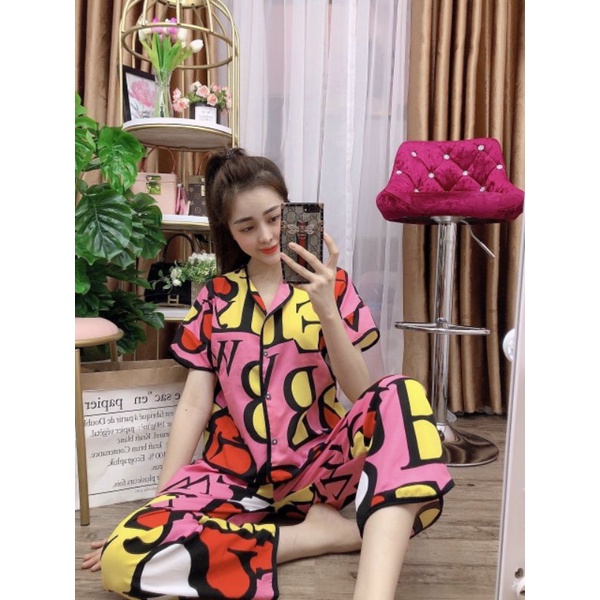 (40-55kg) Bộ pijama lụa hàn quần dài, áo ngắn tay hình thật 100%