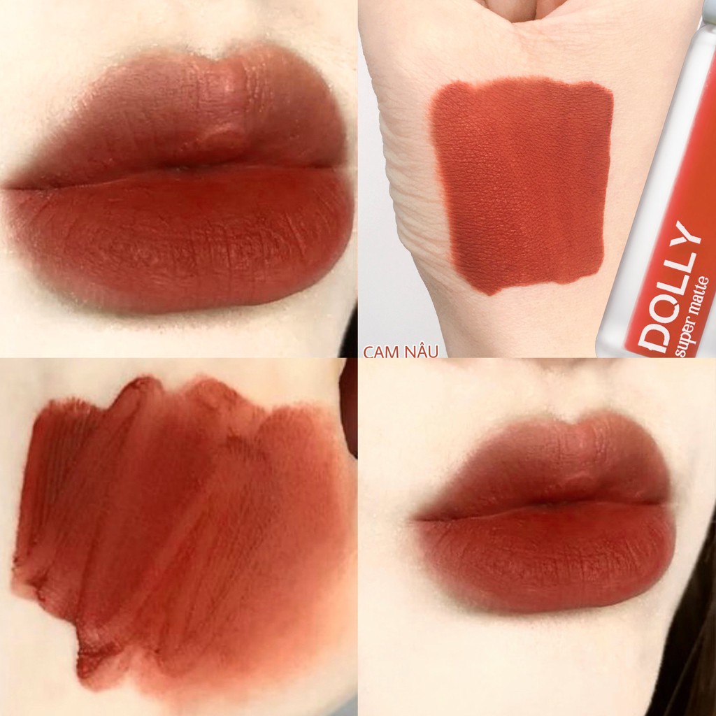 Son kem lì màu cam nâu Dolly super matte, son kem lì không chì bền màu lâu trôi, mua 2 cây tặng 1 hộp đựng cao cấp