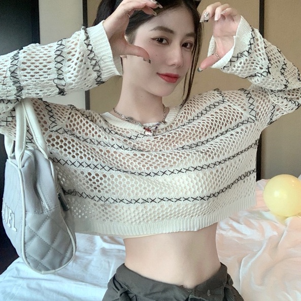 Áo kiểu ZHELIHANGFEI vải dệt kim tay dài chống nắng lưng cao hở eo họa tiết kẻ sọc ngang