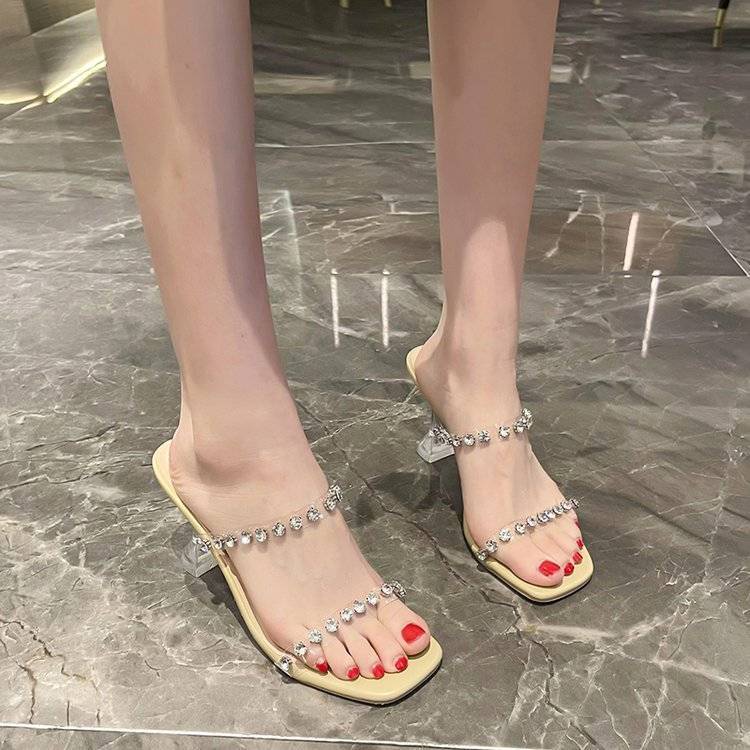 Rhinestone-lined sandals with slippers for women 2022 summer French style crystal stiletto heel fashion transparent niche high-heeled shoes DUY7
