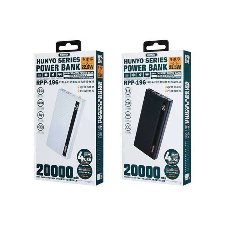 Pin sạc dự phòng REMAX RPP-196 20000mAh QC22.5W PD18W, 3 Inputs 5 Outputs, lõi Li-Polymer