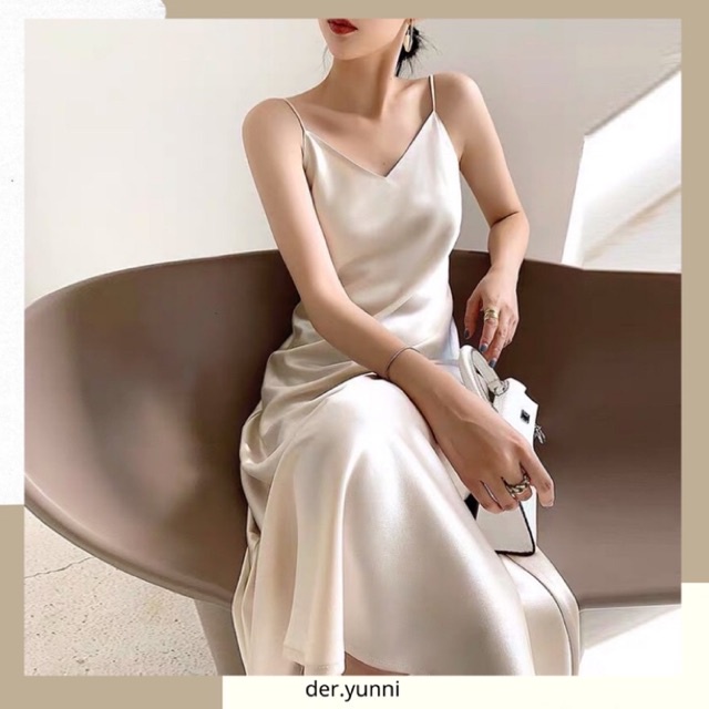 Váy đầm hai dây cổ V satin bóng suông dài hàng cao cấp sang trọng gợi cảm siêu đẹp der.yunni