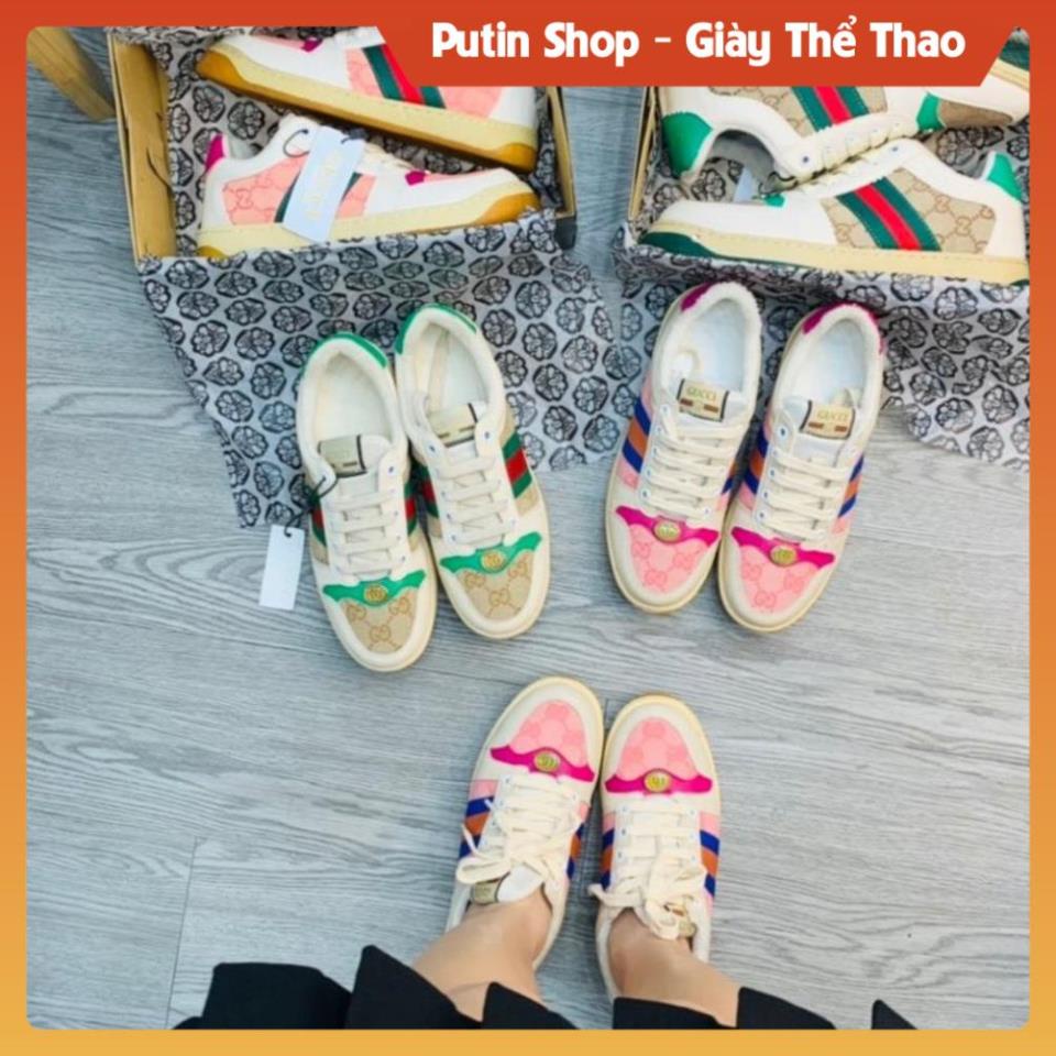 Giày Gucci sơn tùng xanh hồng tím than đủ bill box, Giầy thể thao GG 3 vạch hàng cao cấp box xanh da thật