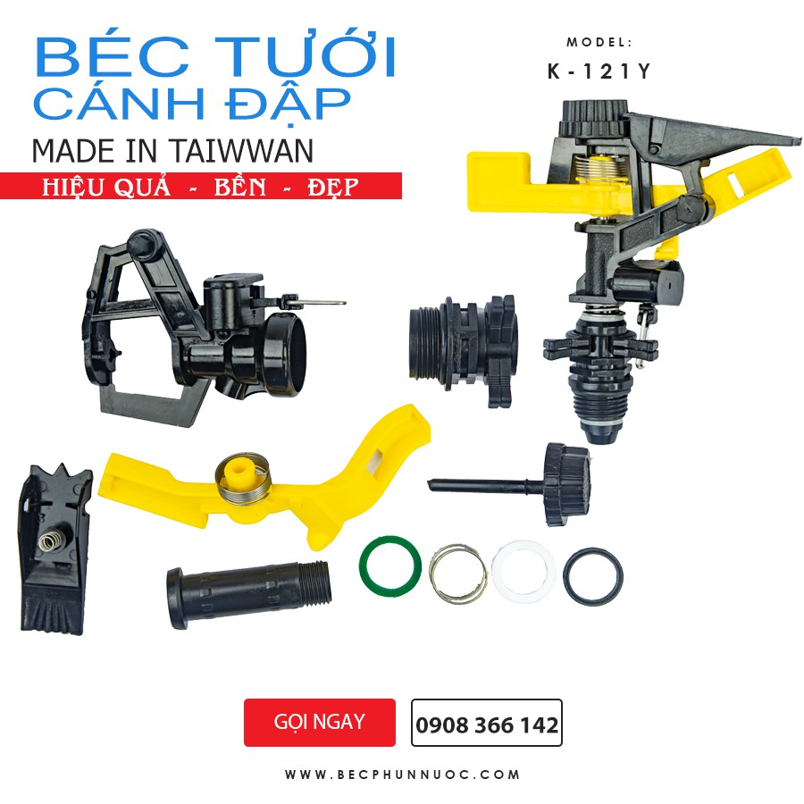 Combo 5 cái Taiwan- K121Y Béc tưới cây cánh đập tùy chỉnh góc ,xoay 360 độ, ren 21, bán kính 6-8m, 1 vòi phun