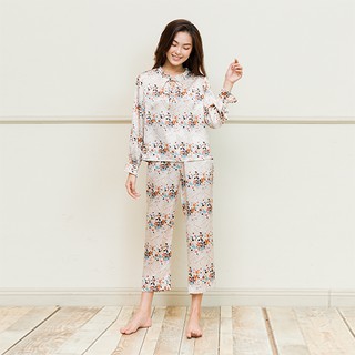 [Mã BMLT30 giảm đến 30K đơn 299K] Bộ mặc nhà Freedy dài tay lụa be hồng bèo cổ thắt nơ