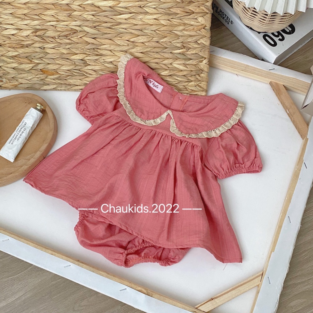 Bộ cộc tay chất đũi mềm mát cho bé gái, Bộ chip babydoll viền trắng bé gái