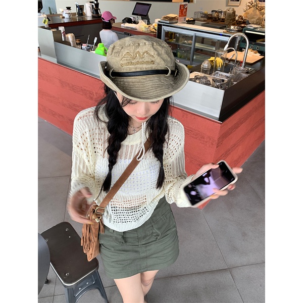 Áo QADCOL tay dài cổ tròn thiết kế rỗng phong cách dễ phối đồ thời trang mùa hè