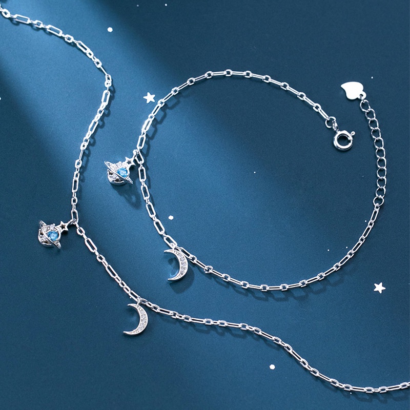 Vòng tay lắc tay lắc chân vòng chân nữ bạc s925 đính đá pha lê trăng khuyết và vũ trụ xanh lấp lánh Cá jewerly LTB163