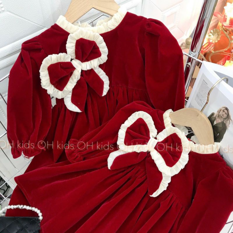 Váy nhung đỏ cho bé diện noel, diện tết sang chảnh chất liệu cao cấp