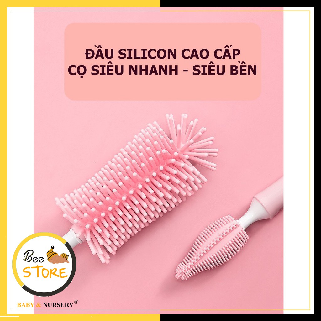 [MỞ KHO SỈ BÁN LẺ] Bộ cọ rửa bình sữa silicon 3 chi tiết cao cấp, tay cầm xoay 360 độ, Cọ bình sữa cho bé