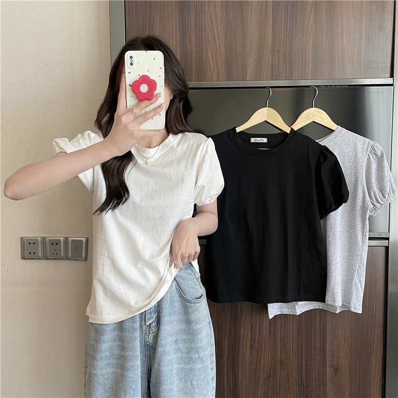 SUXI Áo Thun Tay Ngắn Phồng Màu Sắc Đơn Giản Thời Trang Mùa Hè