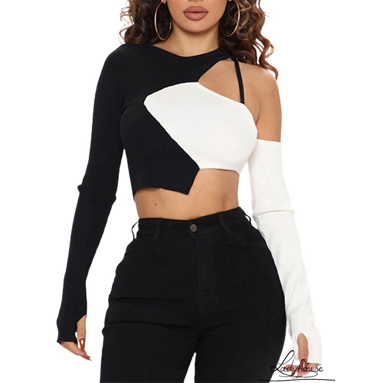 Áo thun croptop tay dài cổ tròn dáng ôm thiết kế độc đáo thời trang quyến rũ cho nữ