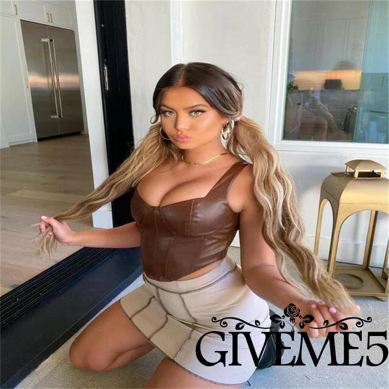 GIVEME-Women´s Sexy PU Vest Top, Elastic Wrap Camisole Streetwear Club Wear Crop Tank Top