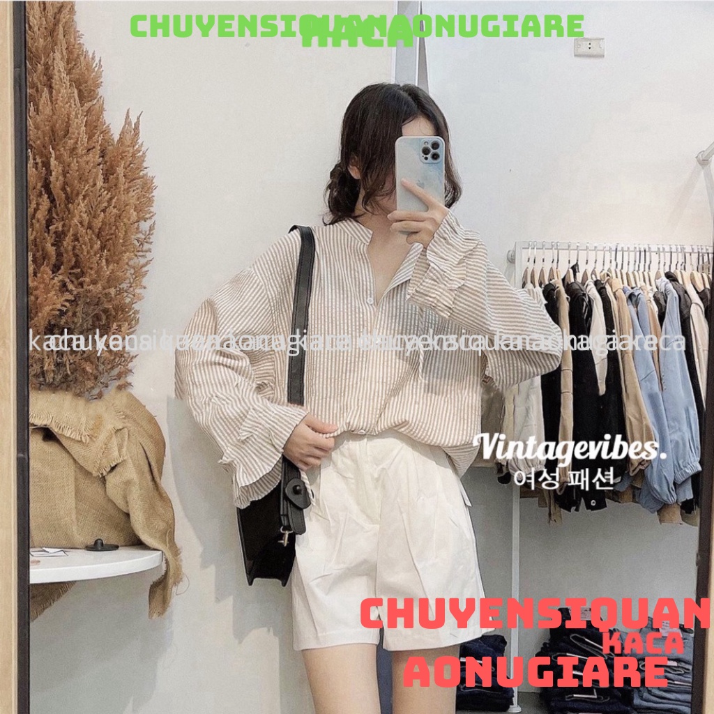 Áo sơ mi dáng rộng kẻ sọc cổ tàu tay phối bèo Ulzzang (hàng QC) - Ảnh thật kaca chuyensiquanaonugiare