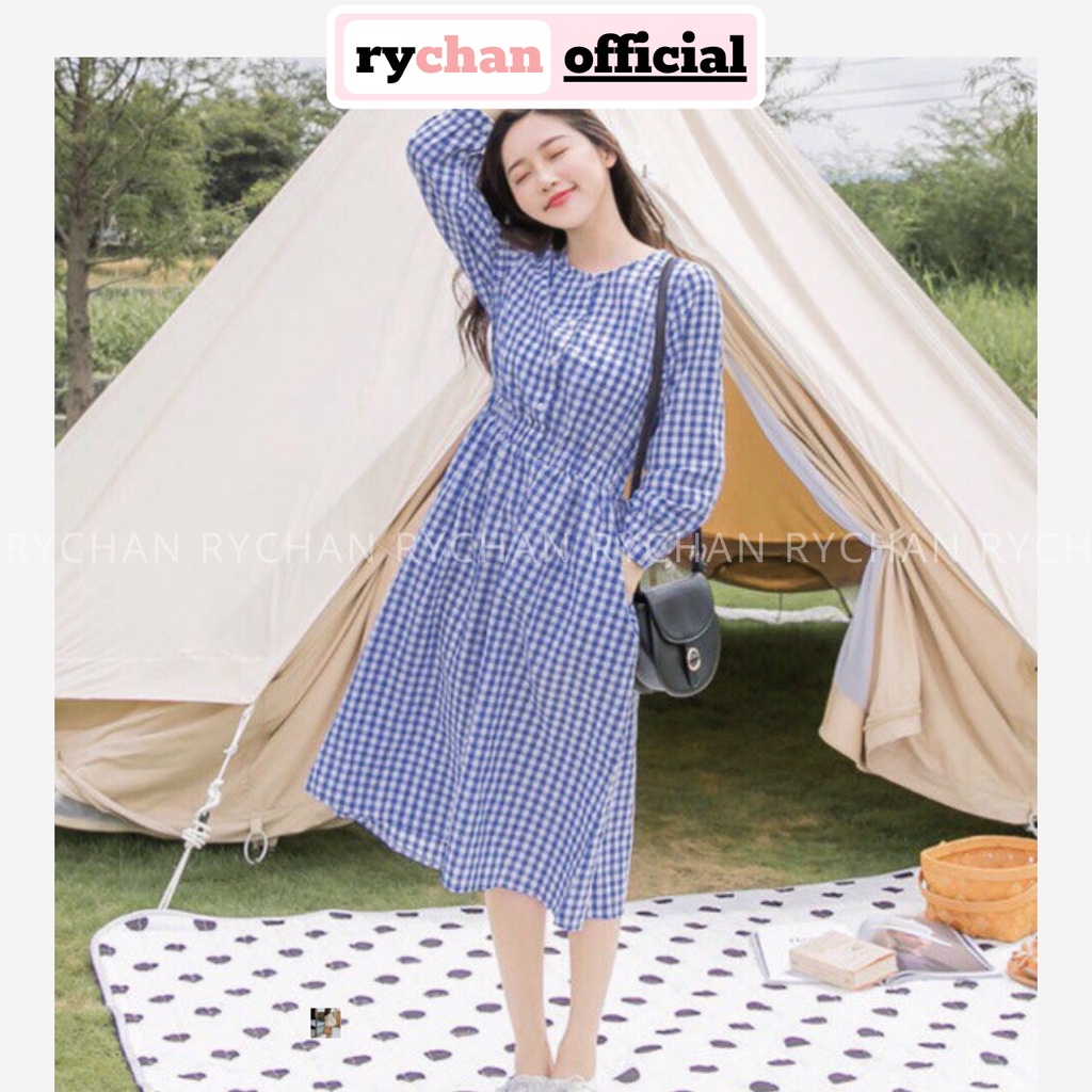 DX714 - Đầm Xòe Caro Xanh Tay Dài