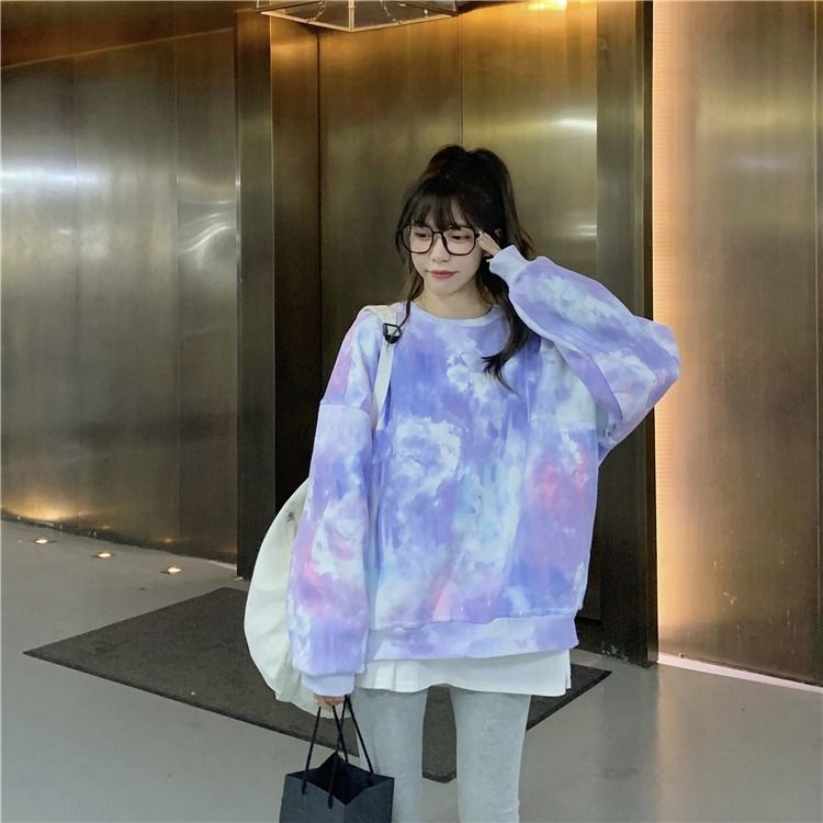 Áo hoodie dài tay dáng rộng màu nhuộm phong cách Hàn Quốc thiết kế mới